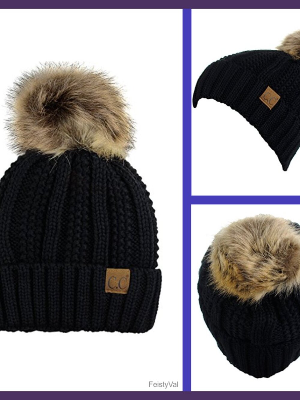 C.C Cable Knit Faux Fur Pom Fleece Lined Skull Cap Cuff Beanie